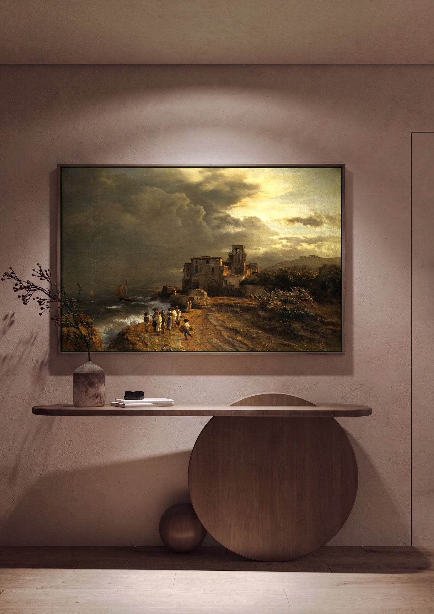 Quadro Decorativo Porto Italiano Tempestuoso - Oswald Achenbach em ambiente decorado