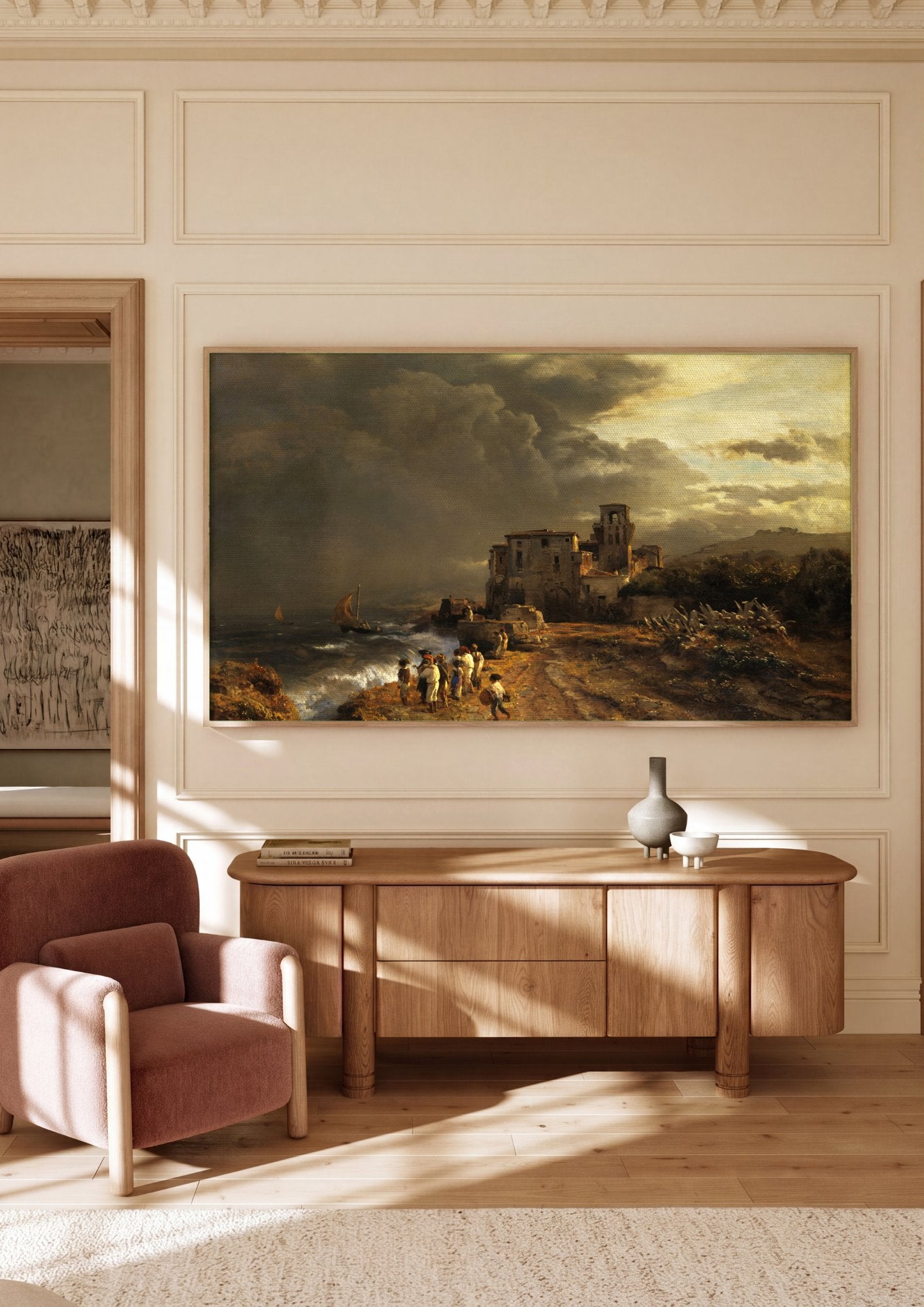 Quadro Decorativo Porto Italiano Tempestuoso - Oswald Achenbach em ambiente decorado
