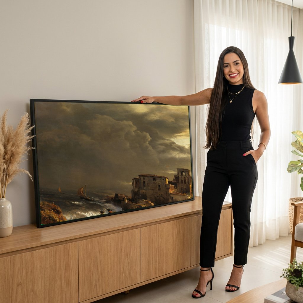 Quadro Decorativo Porto Italiano Tempestuoso - Oswald Achenbach com modelo em ambiente
