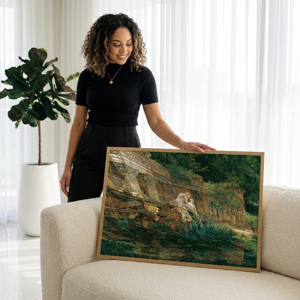 Quadro Decorativo Ruínas Antigas com Estátuas - Waldmüller com modelo em ambiente