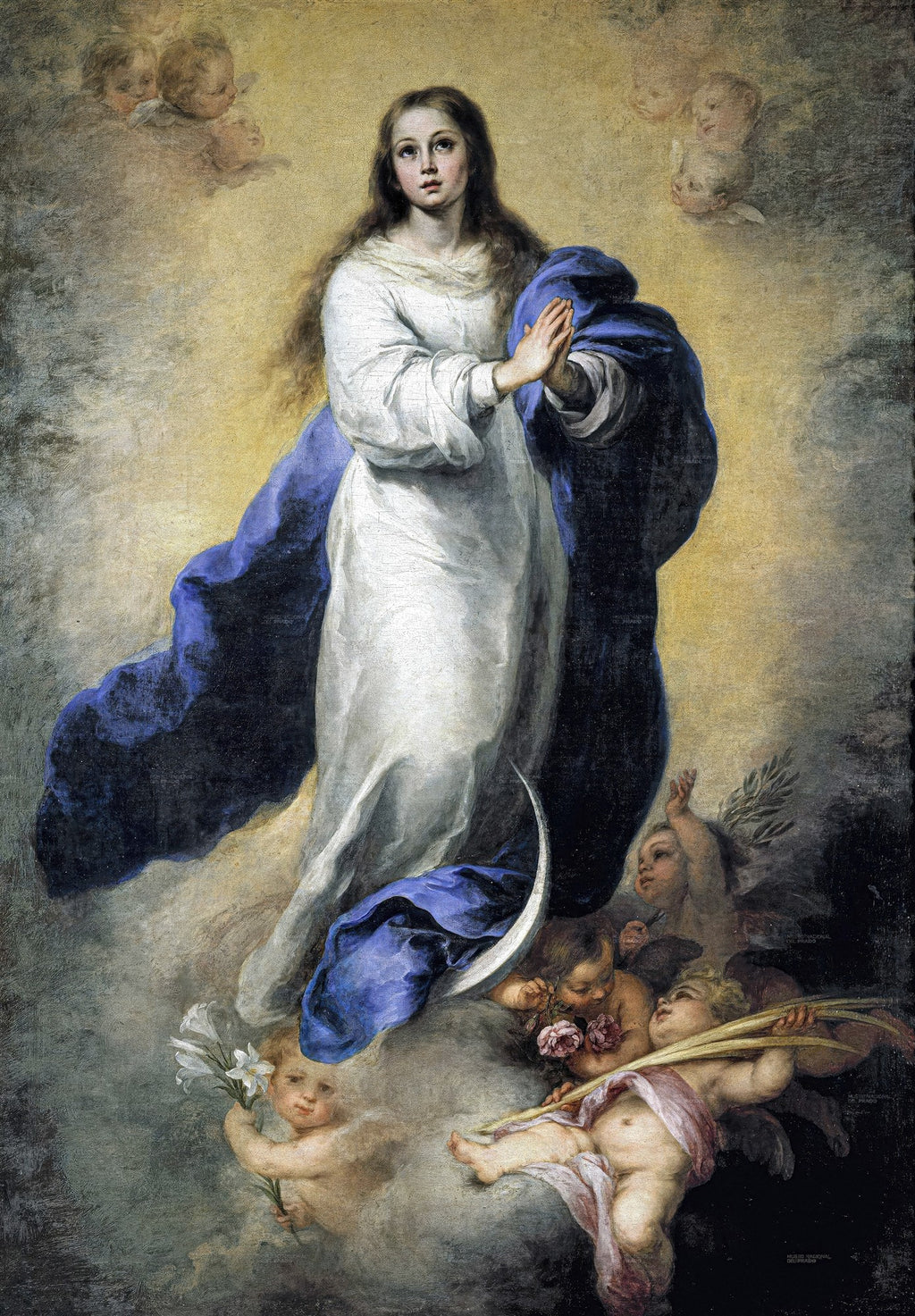 Pintura barroca de Esteban Murillo, 'A Imaculada Conceição de El Escorial', mostrando a Virgem Maria em vestes brancas e manto azul, cercada por anjos entre nuvens, com as mãos postas em oração e um crescente lunar sob seus pés.