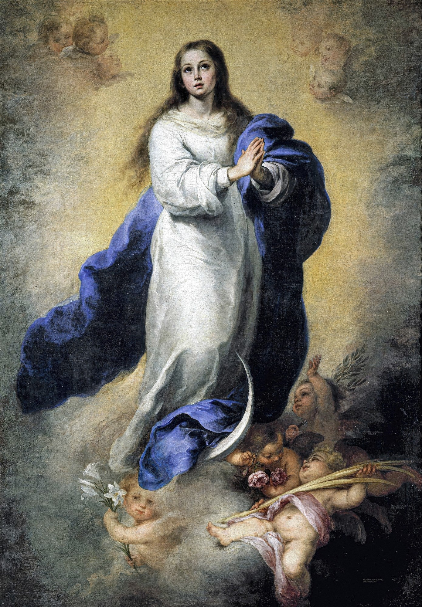 Pintura barroca de Esteban Murillo, 'A Imaculada Conceição de El Escorial', mostrando a Virgem Maria em vestes brancas e manto azul, cercada por anjos entre nuvens, com as mãos postas em oração e um crescente lunar sob seus pés.