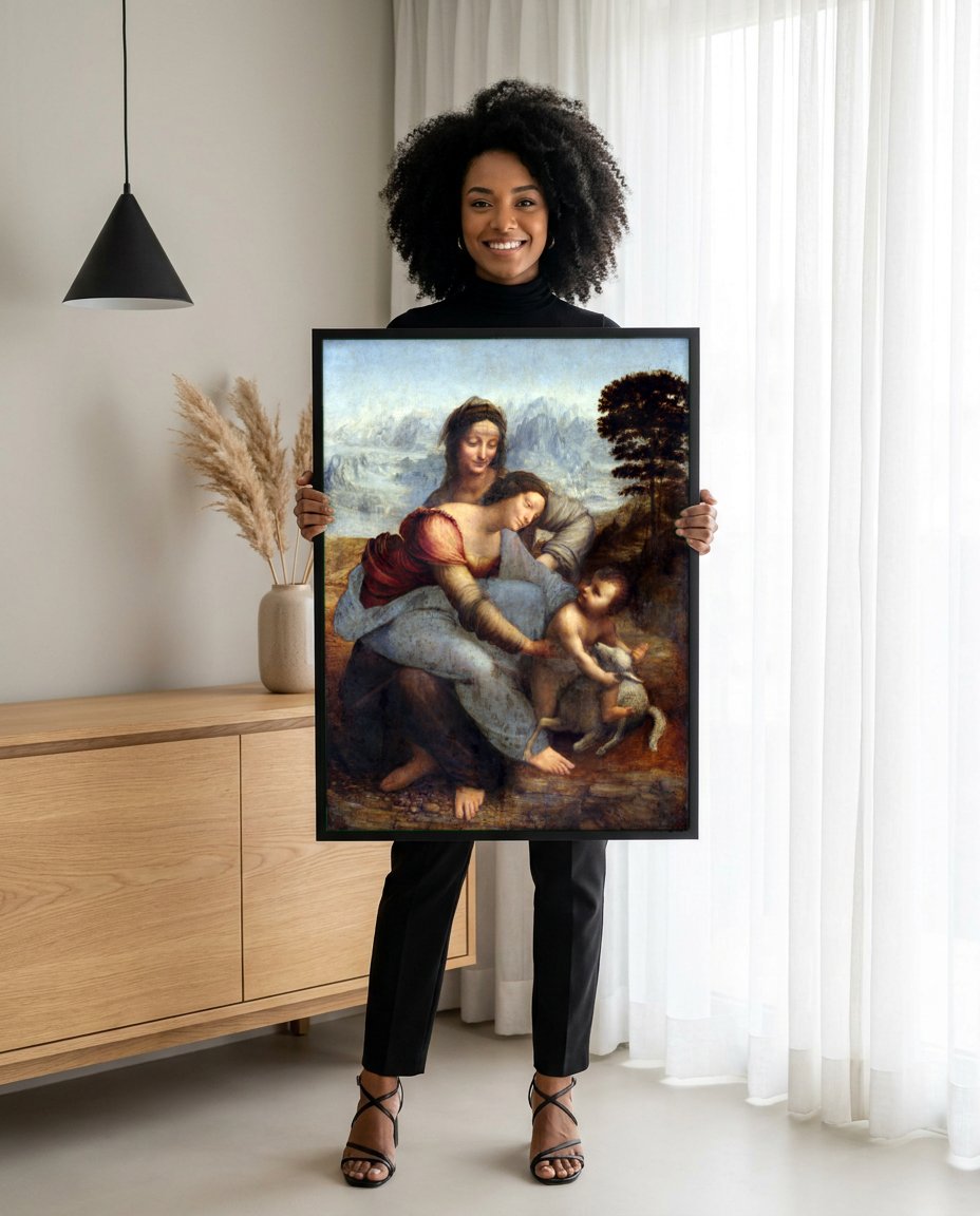 Quadro Decorativo A Virgem, o Menino Jesus e Sant'Ana - Da Vinci com modelo em ambiente