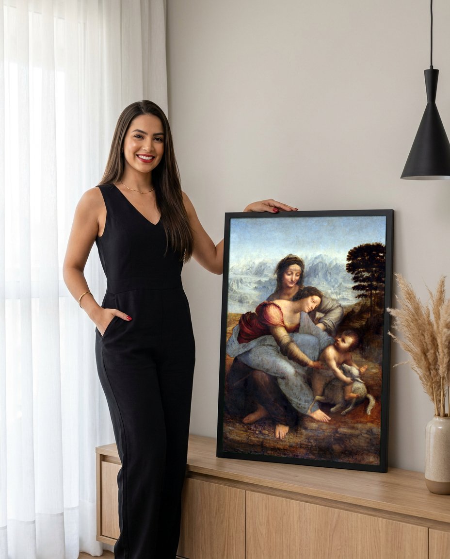 Quadro Decorativo A Virgem, o Menino Jesus e Sant'Ana - Da Vinci com modelo em ambiente