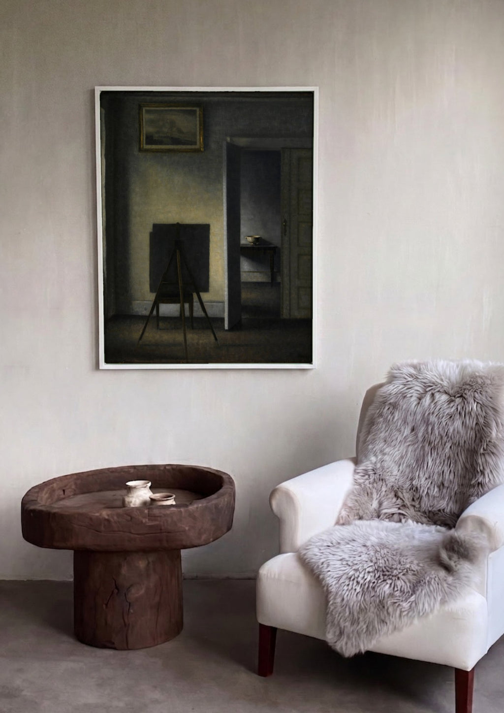 Quadro Decorativo Interior com Cavalete e Espelho - Vilhelm Hammershøi em ambiente decorado