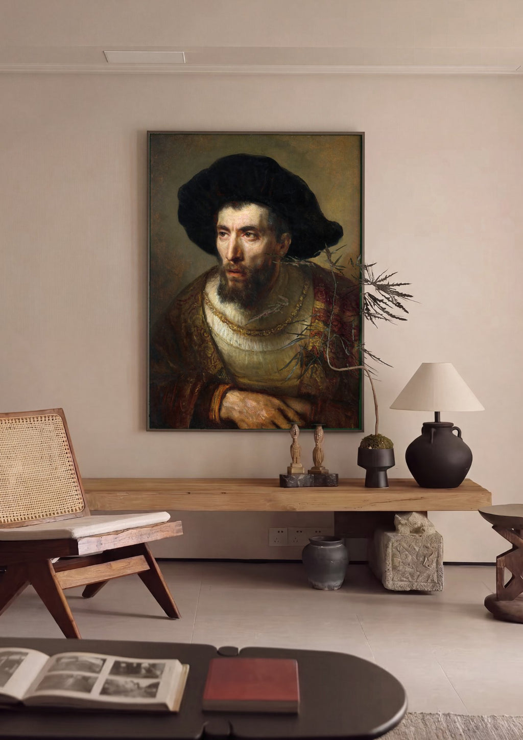 Quadro Decorativo Homem com Chapéu Preto - Rembrandt em ambiente decorado