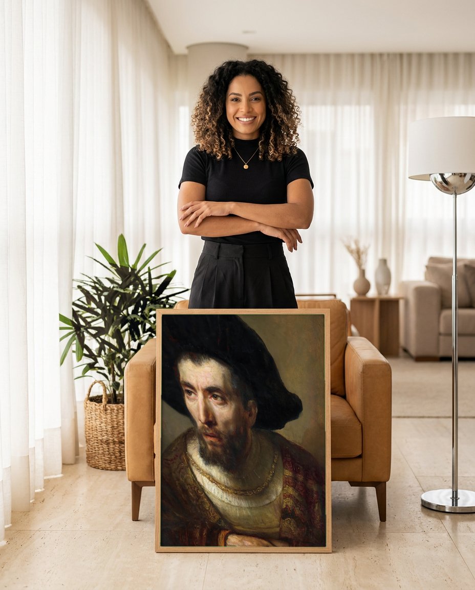 Quadro Decorativo Homem com Chapéu Preto - Rembrandt com modelo em ambiente