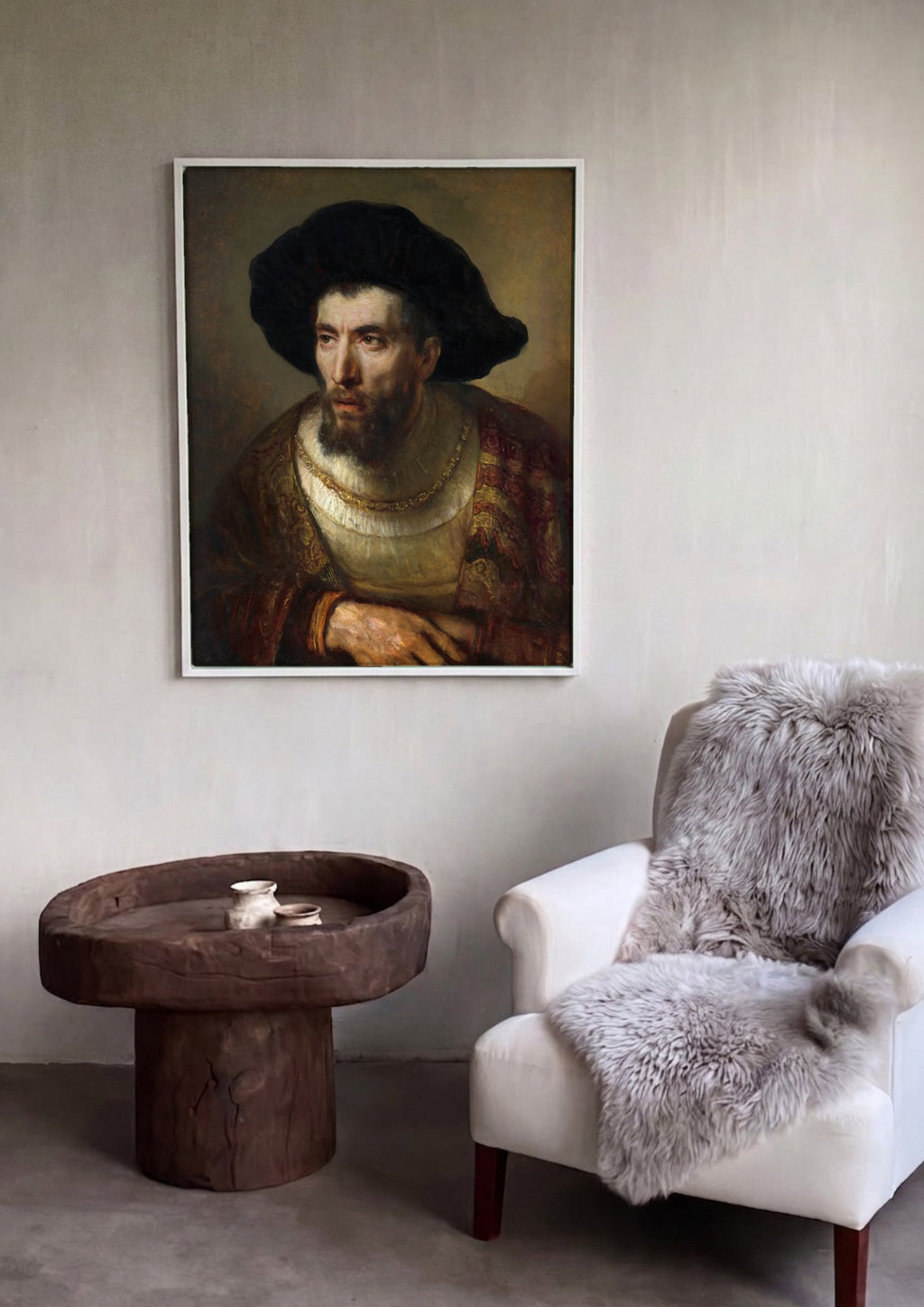 Quadro Decorativo Homem com Chapéu Preto - Rembrandt em ambiente decorado