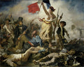 Quadro decorativo "A Liberdade Guiando o Povo" de Eugène Delacroix, mostrando uma mulher com a bandeira francesa liderando revolucionários sobre corpos caídos em uma batalha.