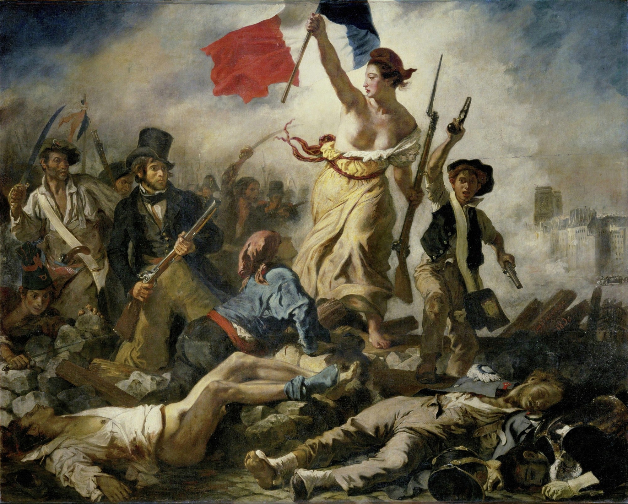 Quadro decorativo "A Liberdade Guiando o Povo" de Eugène Delacroix, mostrando uma mulher com a bandeira francesa liderando revolucionários sobre corpos caídos em uma batalha.