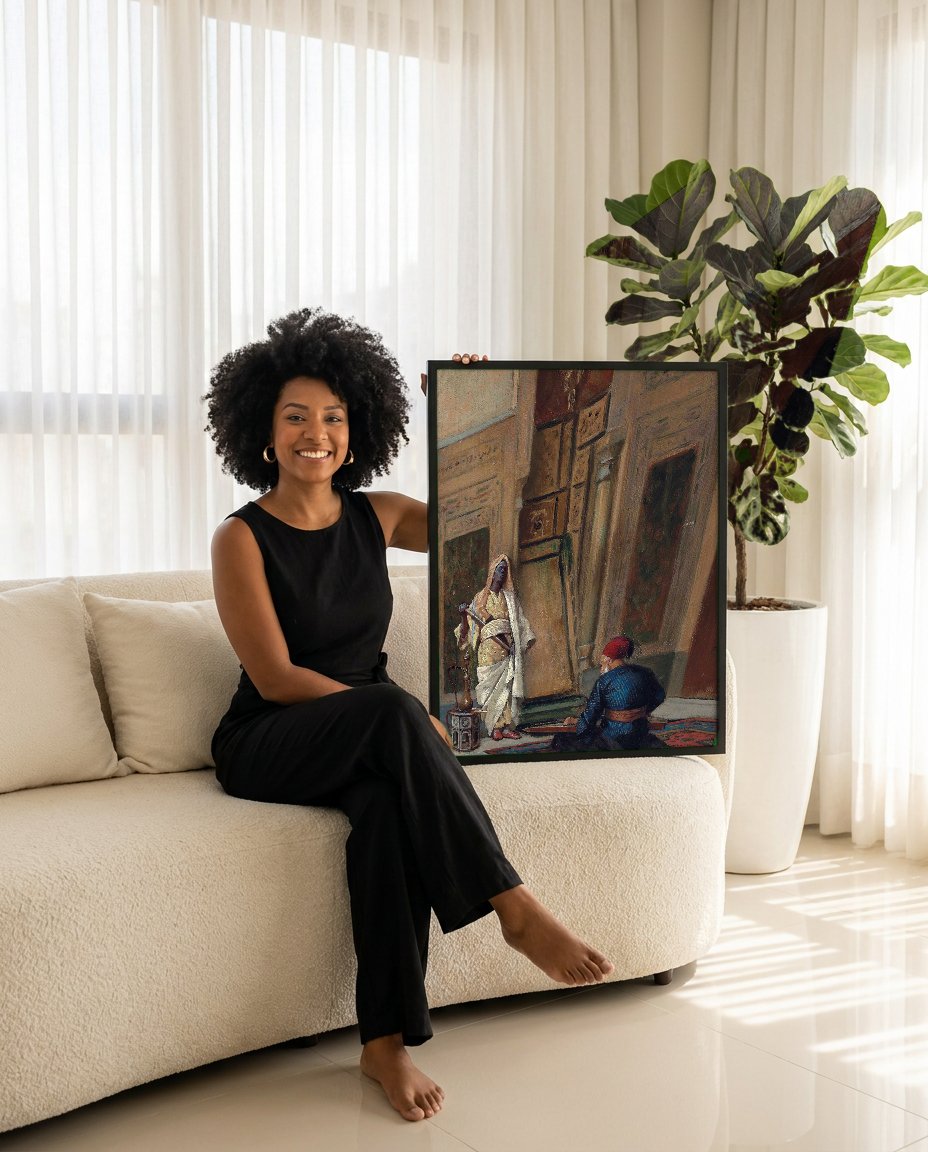 Quadro Decorativo A Oferenda – Ludwig Deutsch com modelo em ambiente