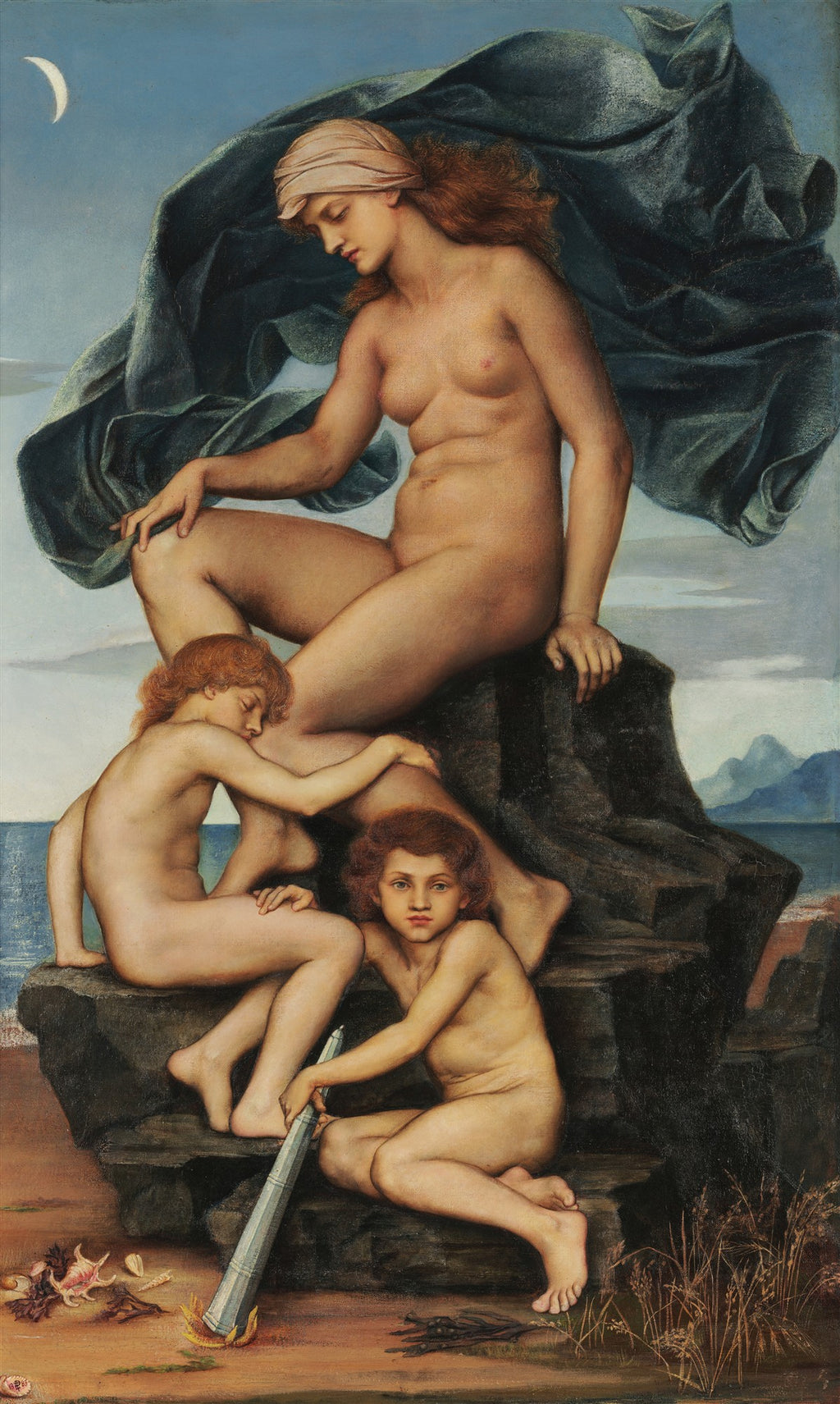 Quadro decorativo "A Noite e as Crianças da Noite" de Evelyn De Morgan, representando uma figura feminina adulta nua sentada com duas crianças nuas, uma dormindo e outra segurando um cajado, em um ambiente costeiro noturno com lua crescente.