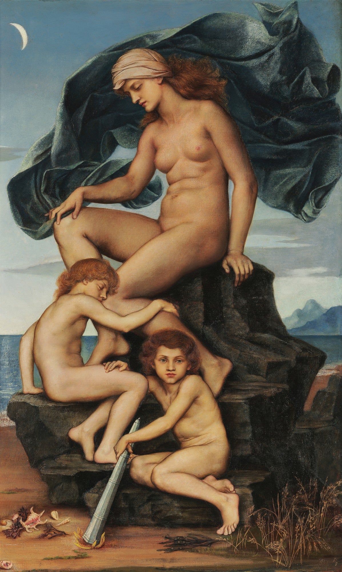 Quadro decorativo "A Noite e as Crianças da Noite" de Evelyn De Morgan, representando uma figura feminina adulta nua sentada com duas crianças nuas, uma dormindo e outra segurando um cajado, em um ambiente costeiro noturno com lua crescente.