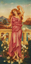 Quadro decorativo de Evelyn De Morgan, "Flora", retratando uma mulher de cabelos ruivos e vestido rosa, adornada com joias, segurando um espelho e rodeada por rosas e pombas brancas em uma varanda com vista para o mar e montanhas. Lua crescente no céu.
