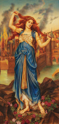 Quadro decorativo "Cassandra" de Evelyn De Morgan, representando uma mulher com cabelos ruivos esvoaçantes e vestes azuis, com a cidade em chamas ao fundo, em estilo pré-rafaelita.