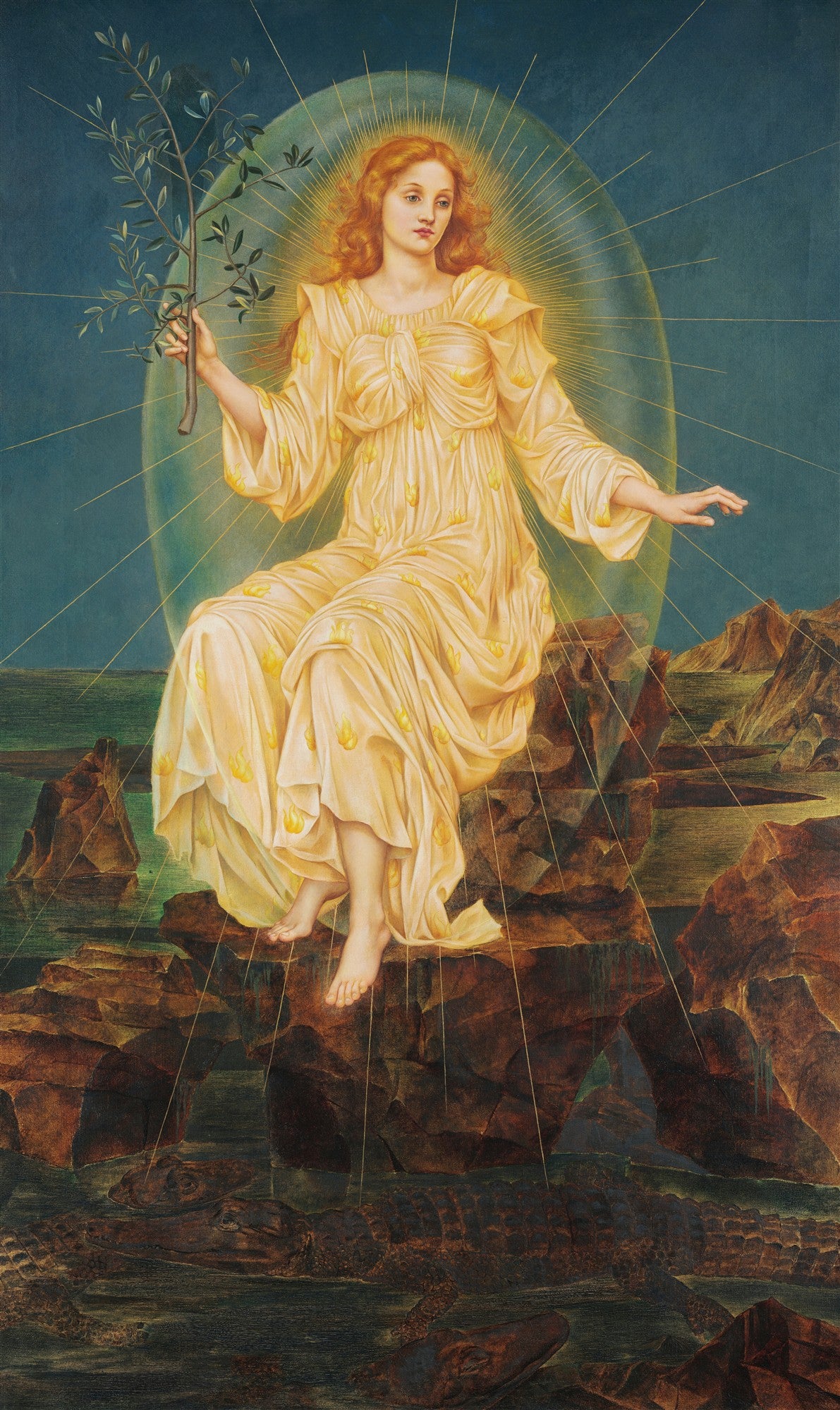 Pintura 'A Filha do Rei do Mar' de Evelyn De Morgan, representando uma mulher ruiva de vestido dourado, sentada em rochas com crocodilos, segurando um ramo de oliveira, com uma aura luminosa e raios de luz.