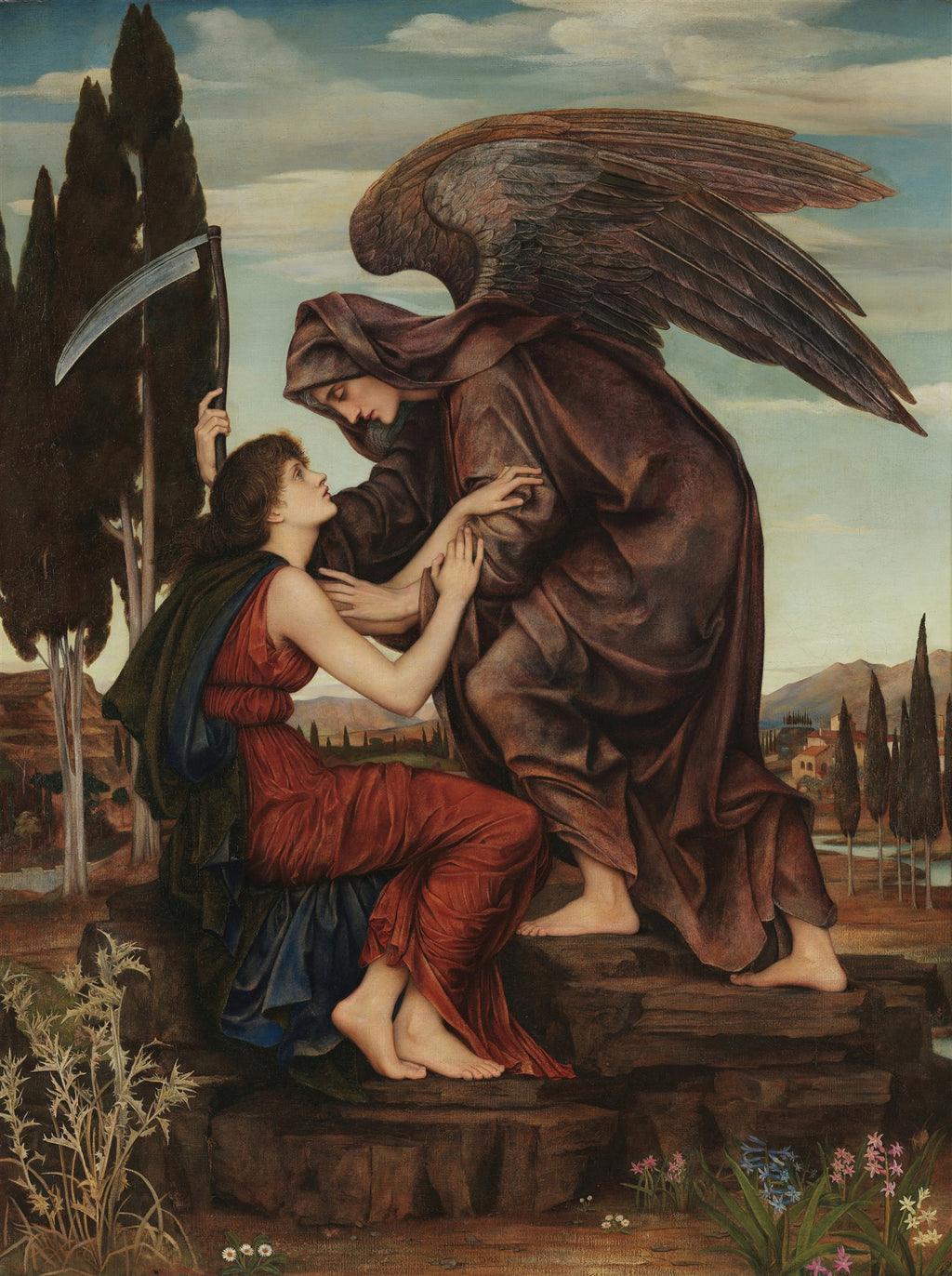 Pintura de Evelyn De Morgan, 'Morte e a Donzela', onde uma figura alada e encapuzada, representando a Morte, se inclina sobre uma jovem donzela com uma foice. A cena tem um fundo de paisagem com ciprestes e uma vila distante, em tons terrosos e azuis suaves.