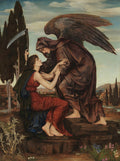 Pintura de Evelyn De Morgan, 'Morte e a Donzela', onde uma figura alada e encapuzada, representando a Morte, se inclina sobre uma jovem donzela com uma foice. A cena tem um fundo de paisagem com ciprestes e uma vila distante, em tons terrosos e azuis suaves.