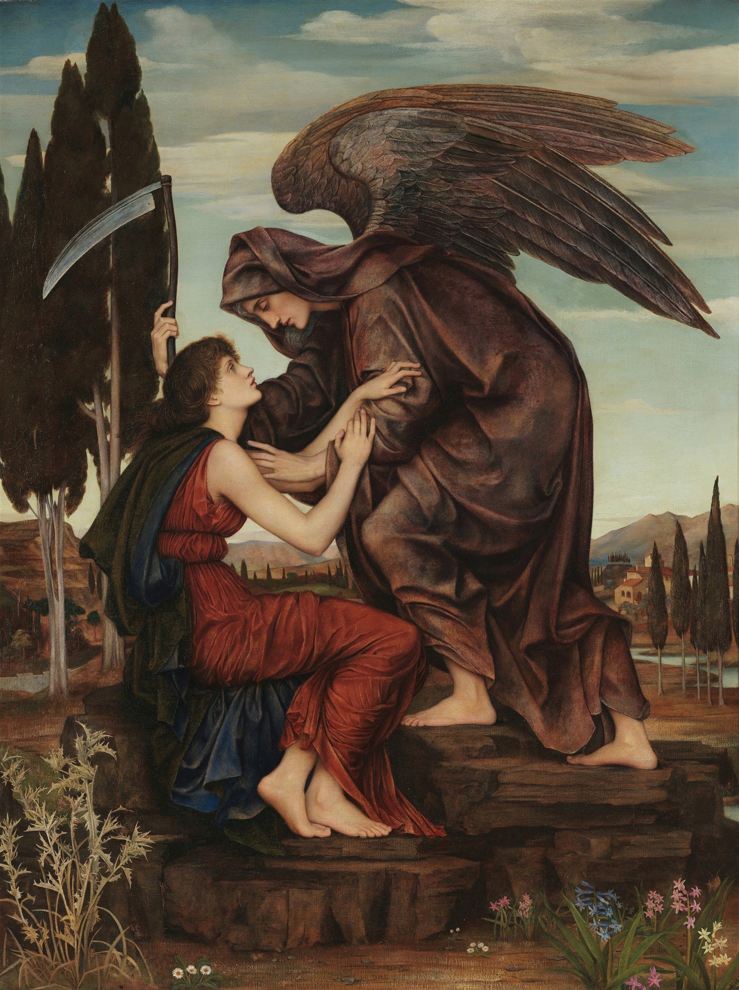 Pintura de Evelyn De Morgan, 'Morte e a Donzela', onde uma figura alada e encapuzada, representando a Morte, se inclina sobre uma jovem donzela com uma foice. A cena tem um fundo de paisagem com ciprestes e uma vila distante, em tons terrosos e azuis suaves.