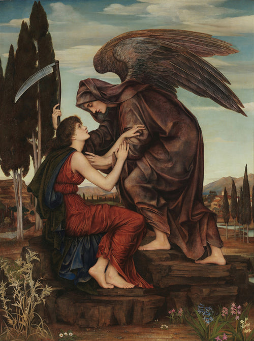 Pintura de Evelyn De Morgan, 'Morte e a Donzela', onde uma figura alada e encapuzada, representando a Morte, se inclina sobre uma jovem donzela com uma foice. A cena tem um fundo de paisagem com ciprestes e uma vila distante, em tons terrosos e azuis suaves.