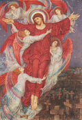 Quadro 'A Ascensão de Cristo' de Evelyn De Morgan, mostrando Jesus em manto vermelho com anjos e um cemitério ao fundo.