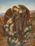 Quadro decorativo com a pintura 'Anjo da Morte' de Evelyn De Morgan, representando uma figura angelical de asas escuras e manto que recolhe almas em um cenário desolado.