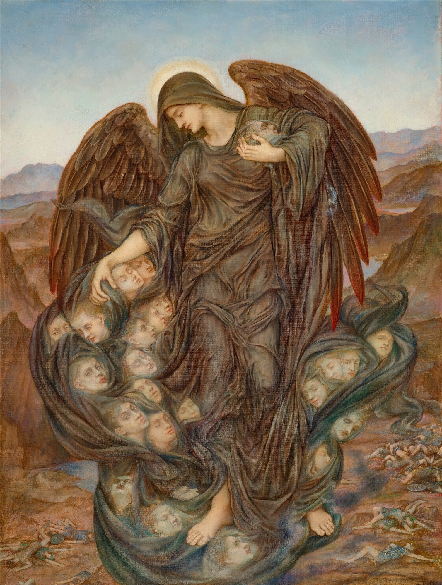 Quadro decorativo com a pintura 'Anjo da Morte' de Evelyn De Morgan, representando uma figura angelical de asas escuras e manto que recolhe almas em um cenário desolado.