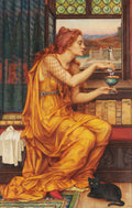 Mulher ruiva em vestido dourado preparando uma poção, com um gato preto aos pés, obra de Evelyn De Morgan, 'A Poção do Amor'