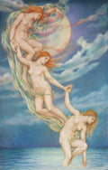 Quadro decorativo com três figuras femininas nuas e etéreas, com cabelos ruivos esvoaçantes e panos translúcidos em tons de azul e verde, em uma cena alegórica de transição da água para o céu noturno, com uma lua pálida e nuvens. Obra de Evelyn De Morgan.