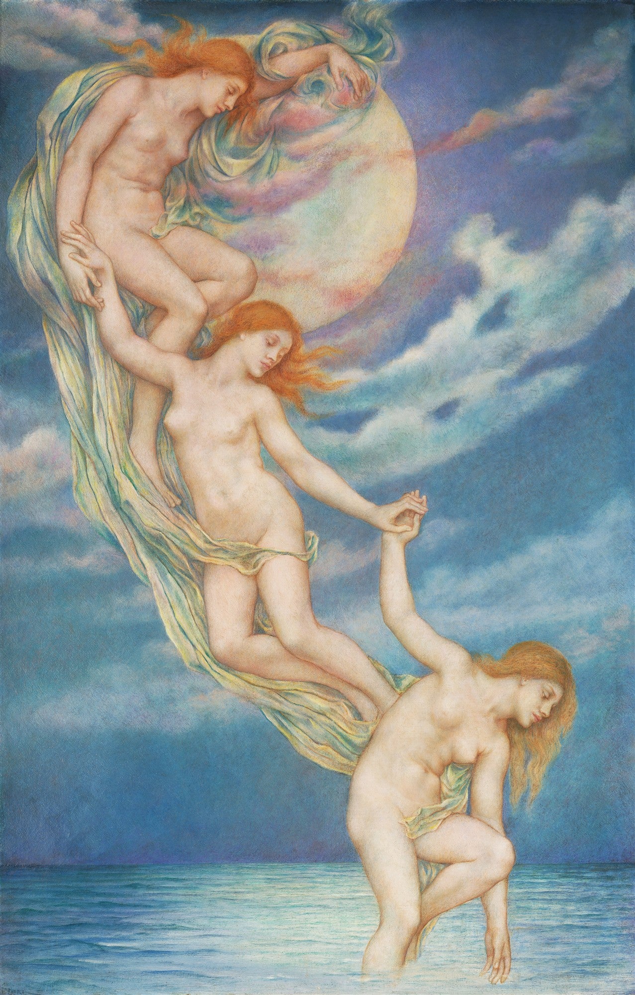 Quadro decorativo com três figuras femininas nuas e etéreas, com cabelos ruivos esvoaçantes e panos translúcidos em tons de azul e verde, em uma cena alegórica de transição da água para o céu noturno, com uma lua pálida e nuvens. Obra de Evelyn De Morgan.