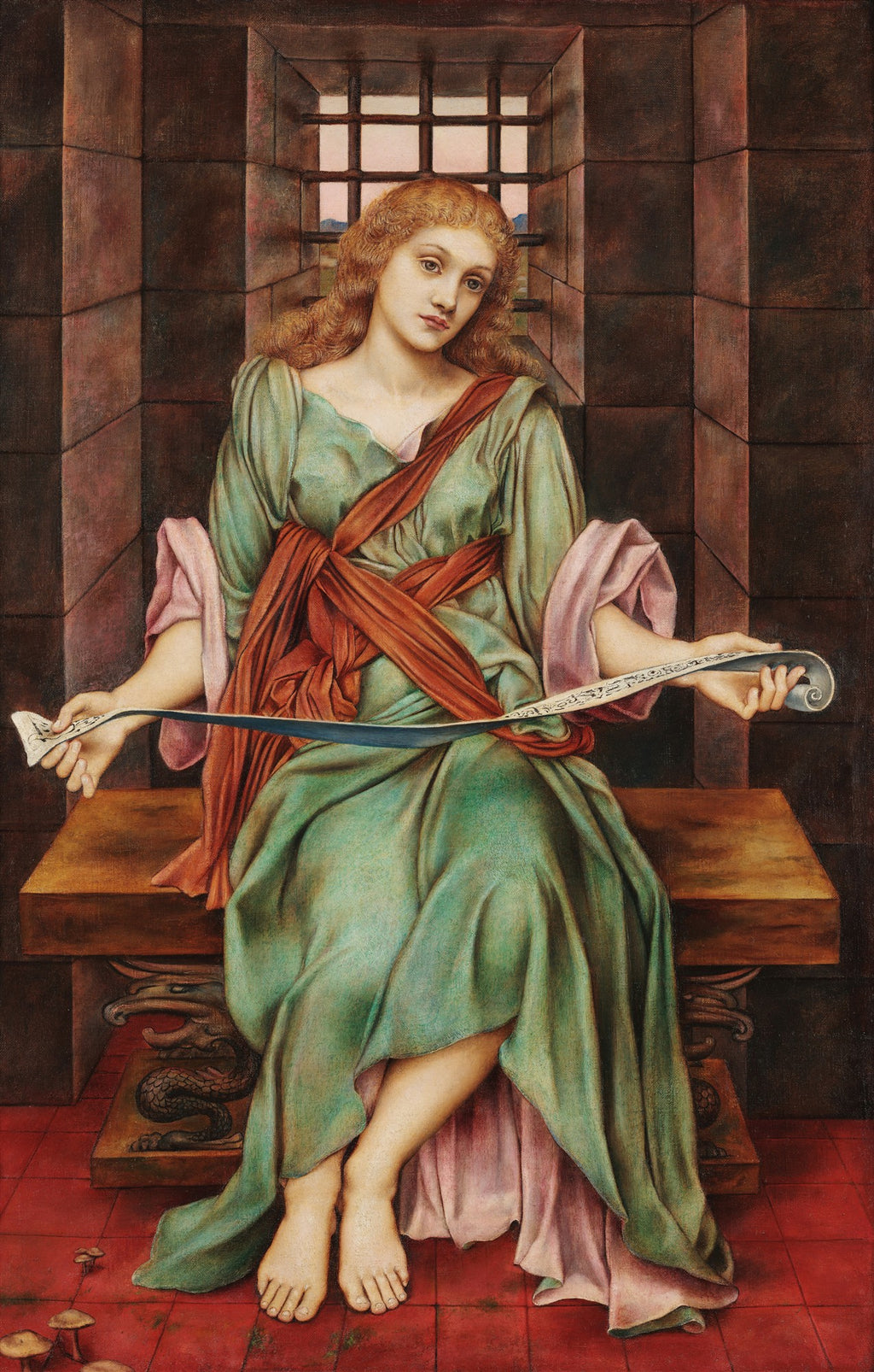 Quadro decorativo com mulher ruiva sentada, segurando uma espada, em ambiente de prisão, obra de Evelyn De Morgan