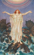 Uma mulher de cabelos ruivos e vestido branco, de braços abertos, em pé sobre uma rocha em um mar agitado com criaturas marinhas ao seu redor, sob um céu estrelado com um arco-íris.