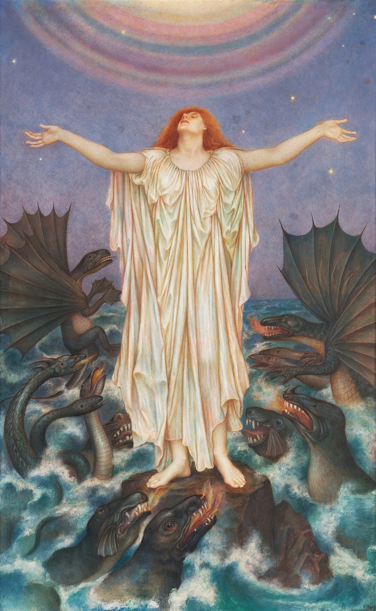 Uma mulher de cabelos ruivos e vestido branco, de braços abertos, em pé sobre uma rocha em um mar agitado com criaturas marinhas ao seu redor, sob um céu estrelado com um arco-íris.