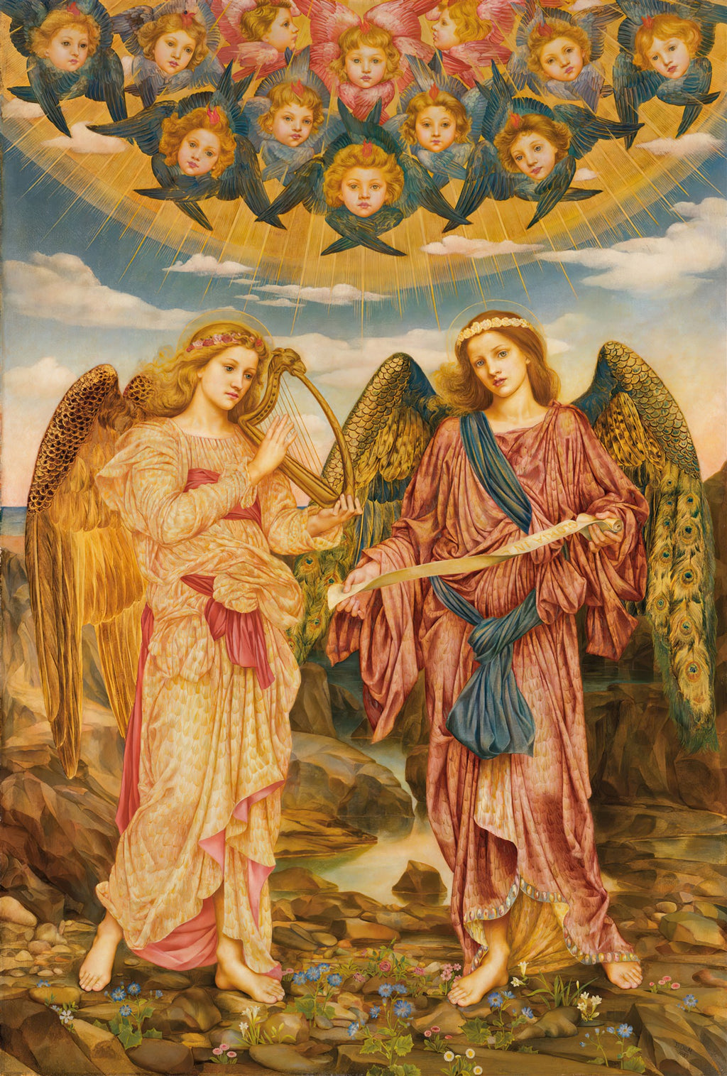 Pintura de Evelyn De Morgan, "Os Anjos da Música e da Terra", com dois anjos principais, um tocando harpa e outro segurando um pergaminho, ladeados por querubins alados em um céu dourado. Asas de pavão e vestes fluidas em tons terrosos e pastéis.