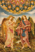 Pintura de Evelyn De Morgan, "Os Anjos da Música e da Terra", com dois anjos principais, um tocando harpa e outro segurando um pergaminho, ladeados por querubins alados em um céu dourado. Asas de pavão e vestes fluidas em tons terrosos e pastéis.