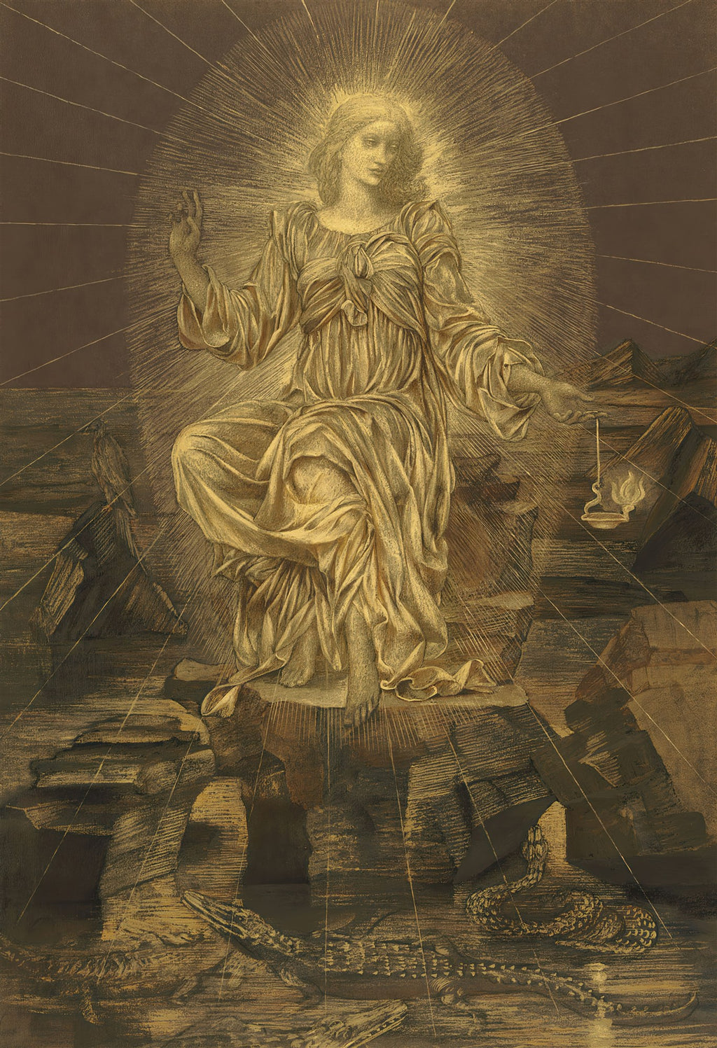 Quadro decorativo 'A Luz do Mundo' de Evelyn De Morgan, representando uma figura feminina luminosa em tons dourados, irradiando luz, com elementos sombrios na parte inferior, como um crocodilo e uma serpente.