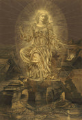 Quadro decorativo 'A Luz do Mundo' de Evelyn De Morgan, representando uma figura feminina luminosa em tons dourados, irradiando luz, com elementos sombrios na parte inferior, como um crocodilo e uma serpente.