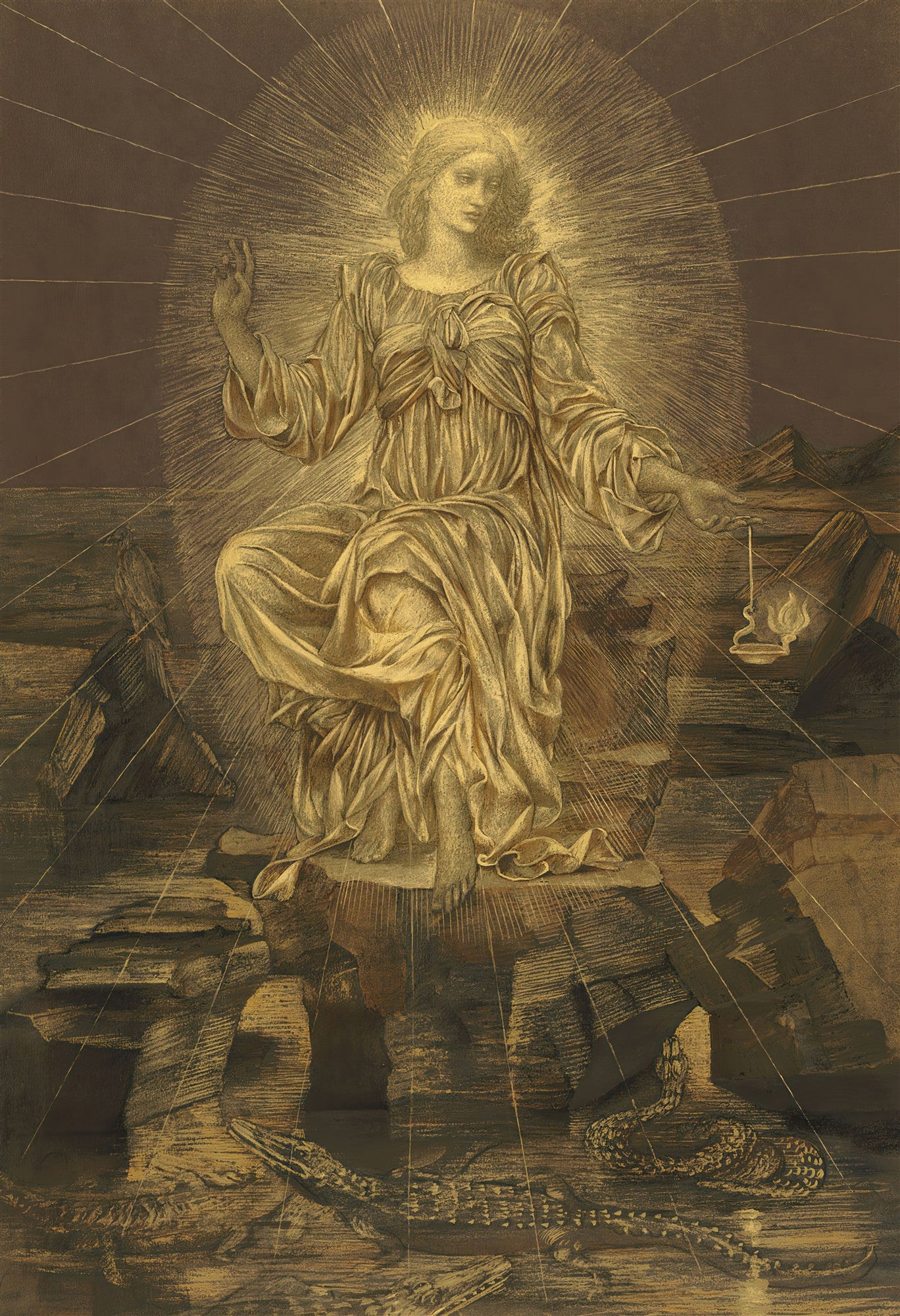 Quadro decorativo 'A Luz do Mundo' de Evelyn De Morgan, representando uma figura feminina luminosa em tons dourados, irradiando luz, com elementos sombrios na parte inferior, como um crocodilo e uma serpente.