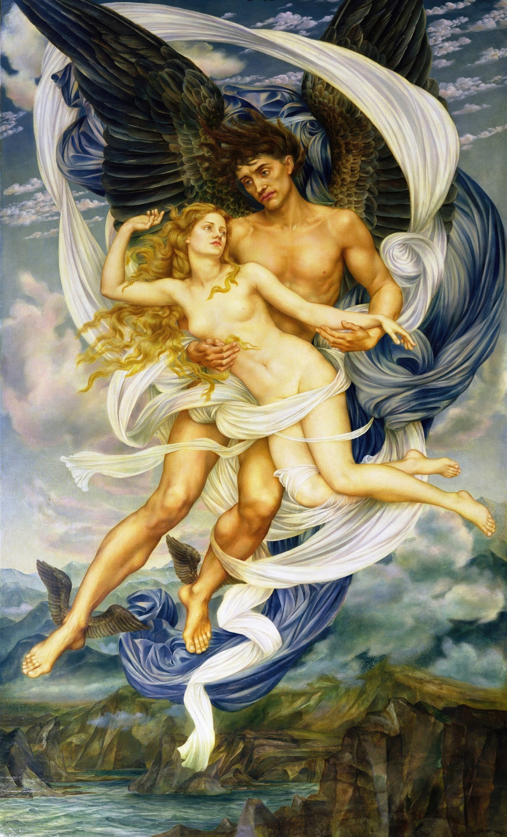 Pintura 'Eos' de Evelyn De Morgan, retratando uma figura feminina nua abraçada por um homem alado sobre um cenário de montanhas e mar, em tons de azul, dourado e marrom.