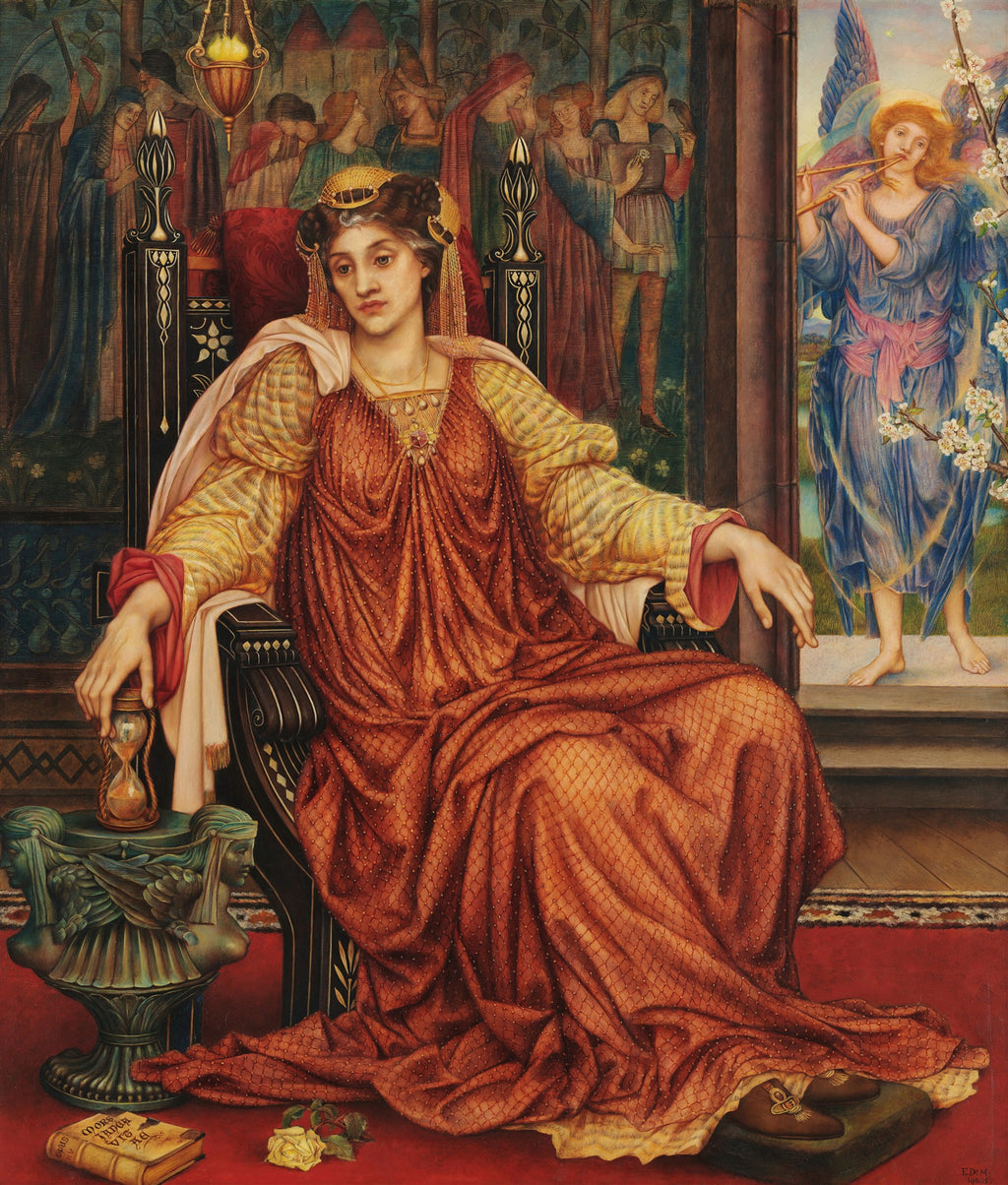 Quadro 'The Hour Glass' de Evelyn De Morgan, representando uma mulher sentada em um trono com uma ampulheta na mão, ao lado de um anjo tocando flauta.
