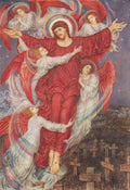 Jesus Cristo com coroa de espinhos e manto vermelho, rodeado por anjos de asas vermelhas e halos coloridos, flutuando sobre um cemitério com muitas cruzes de madeira. A cena é noturna, com pequenas estrelas no céu.