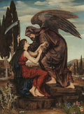 Quadro 'O Anjo da Morte' de Evelyn De Morgan, mostrando uma figura alada com foice consolando uma mulher em vestes vermelhas, em estilo pré-rafaelita.