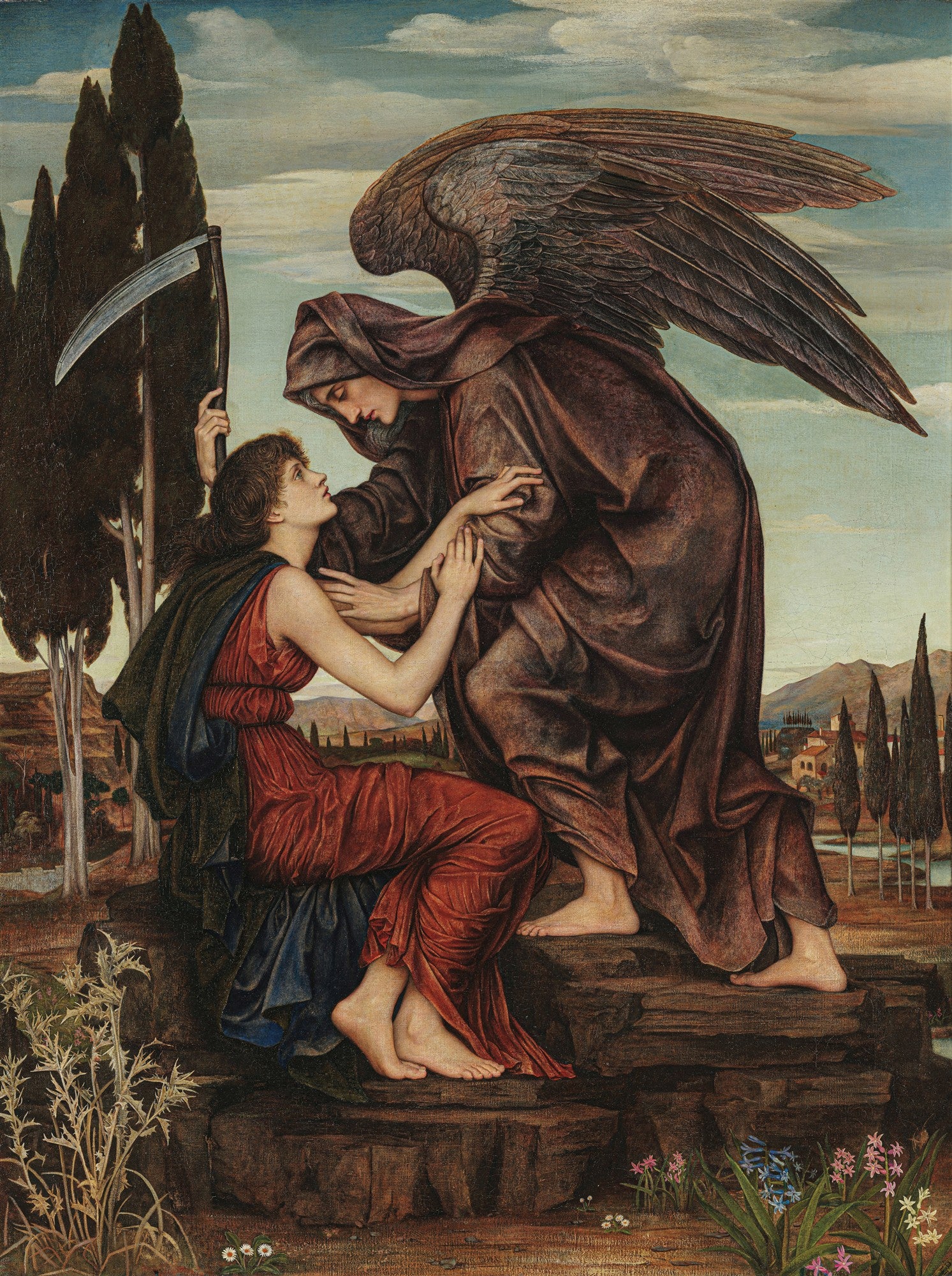 Quadro 'O Anjo da Morte' de Evelyn De Morgan, mostrando uma figura alada com foice consolando uma mulher em vestes vermelhas, em estilo pré-rafaelita.
