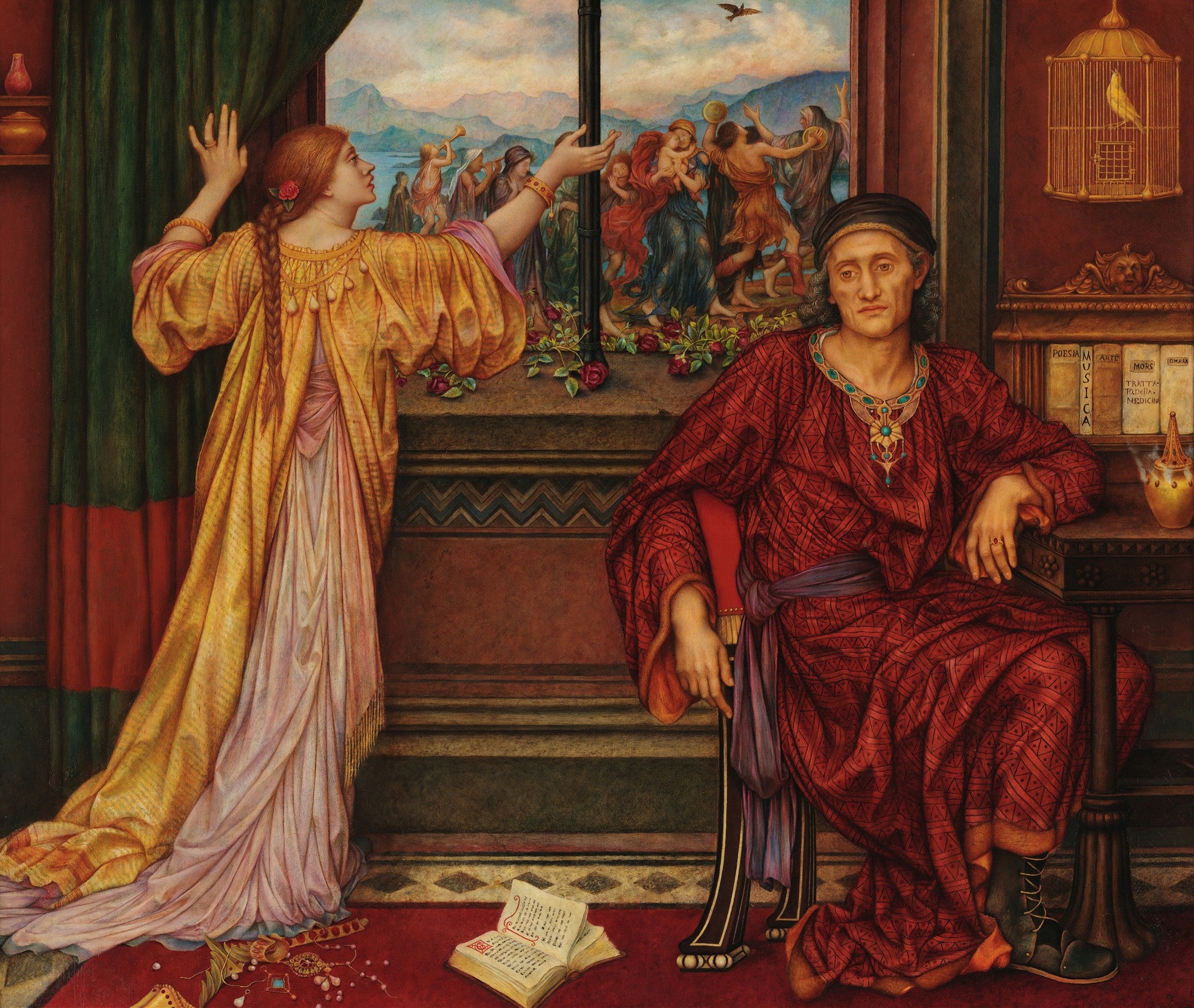 Quadro decorativo 'The Love Potion' de Evelyn De Morgan, mostrando uma mulher anseando pela janela, observando uma celebração, enquanto um homem sentado a observa.