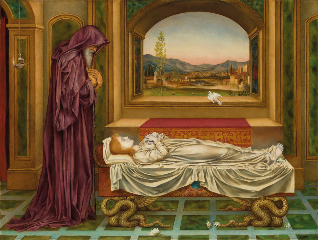 Pintura "A Morte do Dragão" de Evelyn De Morgan, mostrando uma figura feminina deitada em um leito com um ancião de túnica roxa ao lado e uma paisagem com um dragão morto ao fundo, com um pombo branco sobre ele.