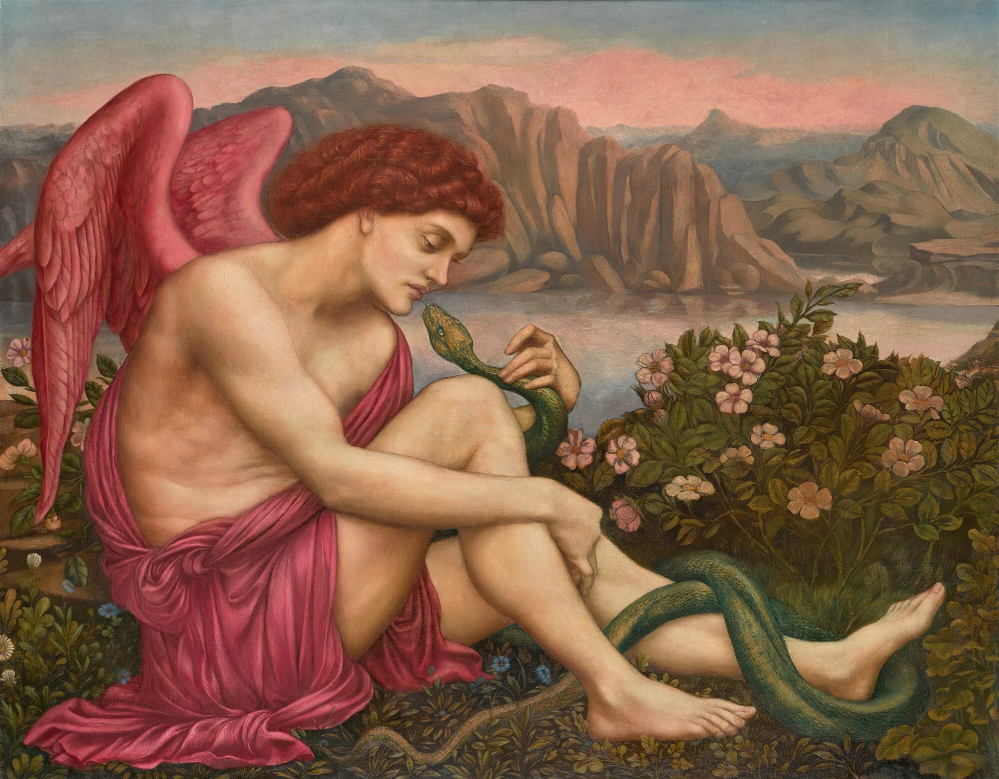 Quadro 'Eos' de Evelyn De Morgan, mostrando uma figura alada ruiva com um manto rosa interagindo com uma serpente verde em uma paisagem montanhosa.