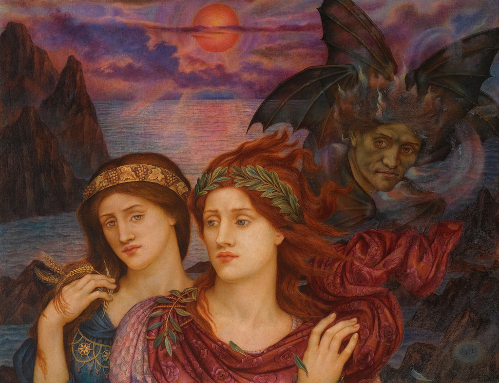 Pintura 'The Cadence of Autumn' de Evelyn De Morgan, com duas mulheres de cabelos ruivos e um ser alado em um pôr do sol avermelhado sobre o mar.