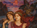 Pintura 'The Cadence of Autumn' de Evelyn De Morgan, com duas mulheres de cabelos ruivos e um ser alado em um pôr do sol avermelhado sobre o mar.