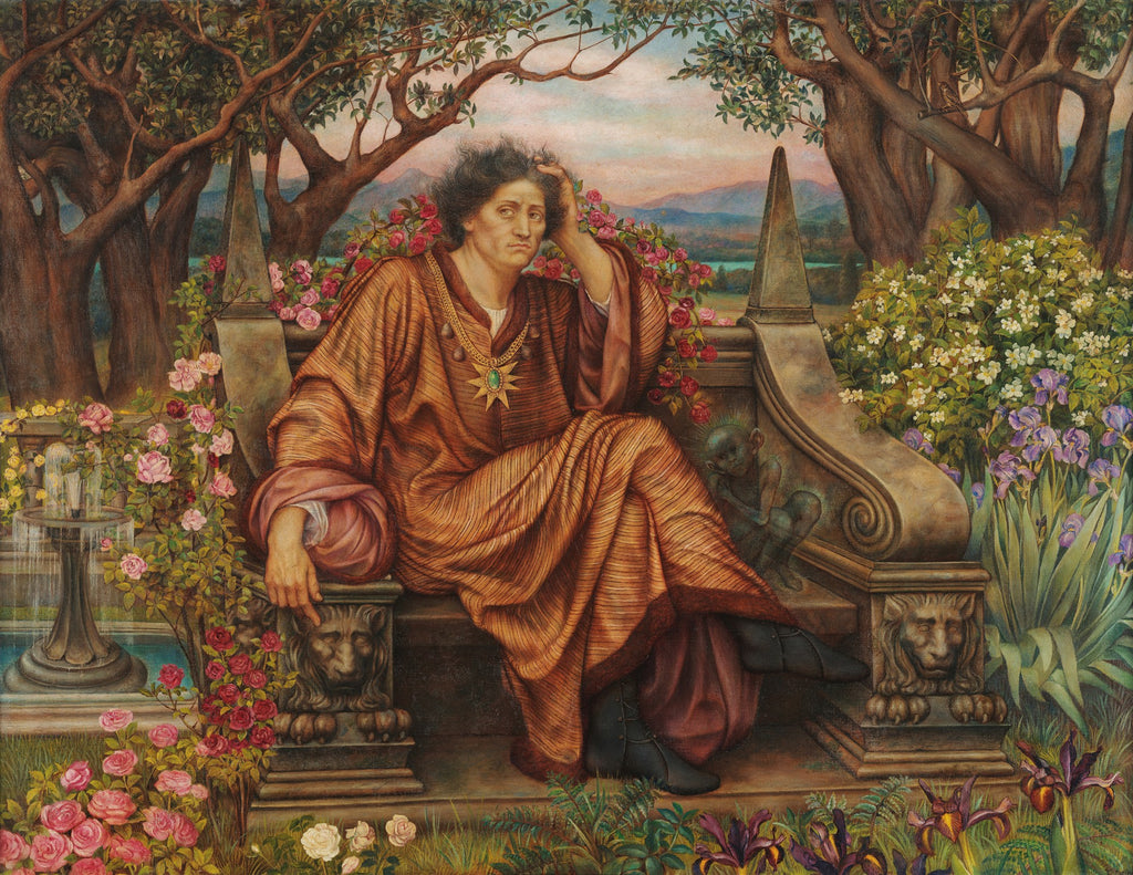 Quadro 'The Hour Glass' de Evelyn De Morgan, retratando uma figura pensativa em um jardim exuberante com rosas e folhagens, sob a luz do entardecer.