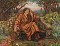 Quadro 'The Hour Glass' de Evelyn De Morgan, retratando uma figura pensativa em um jardim exuberante com rosas e folhagens, sob a luz do entardecer.